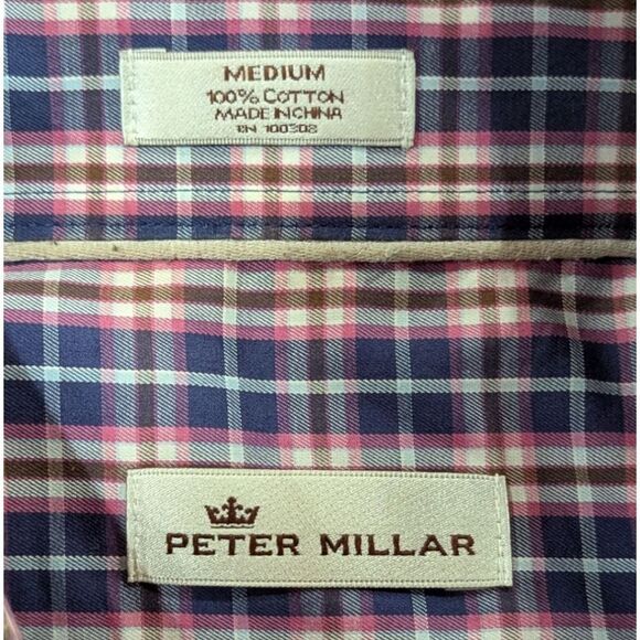 Peter Millar Men's M Cotton Checkered Button Down Long Sleeve Shirt Chest Pocket - Picture 5 of 5